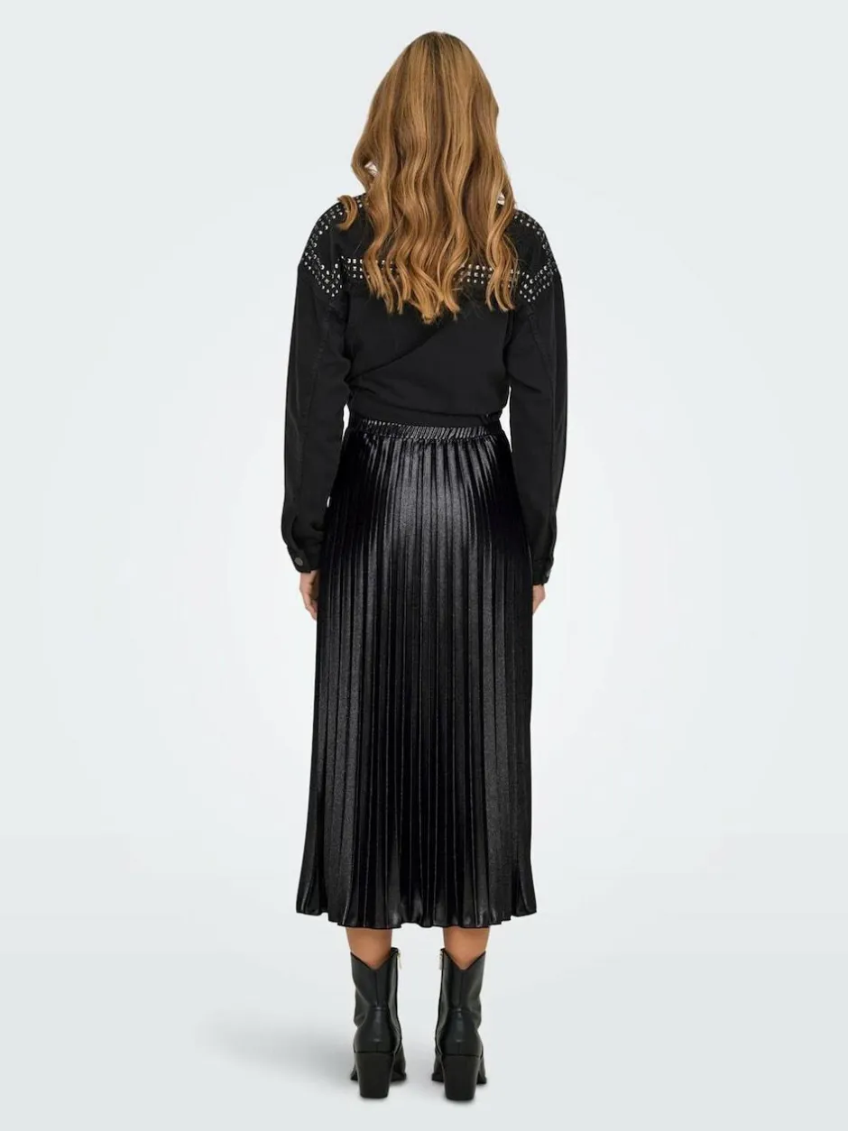ONLY Black Metallic Pleated Midi Skirt New