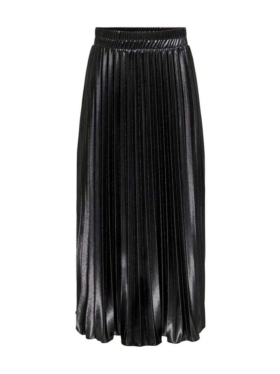 ONLY Black Metallic Pleated Midi Skirt New