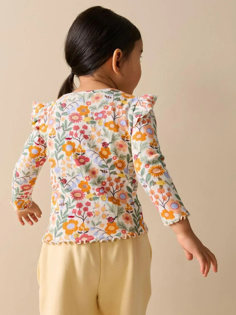 Next Long Sleeve Ribbed Frill Top (3mths-7yrs) Orange Ditsy Floral Hot