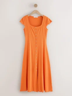 Next Short Sleeve Jersey Button Through Maxi Dress Orange Clearance