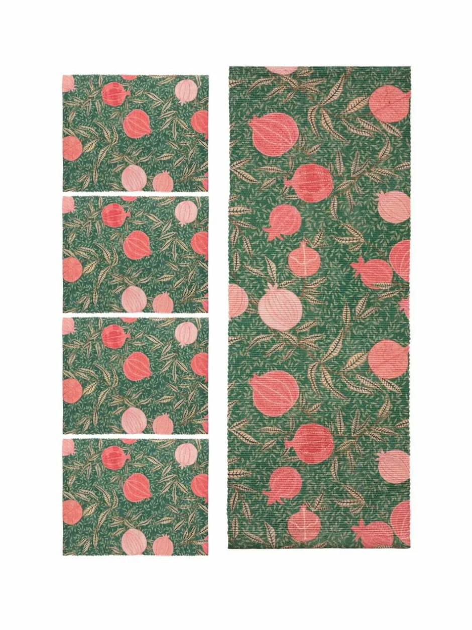 Paoletti Set of 4 Green Pomegranate Christmas Table Placemats & Large Table Runner New