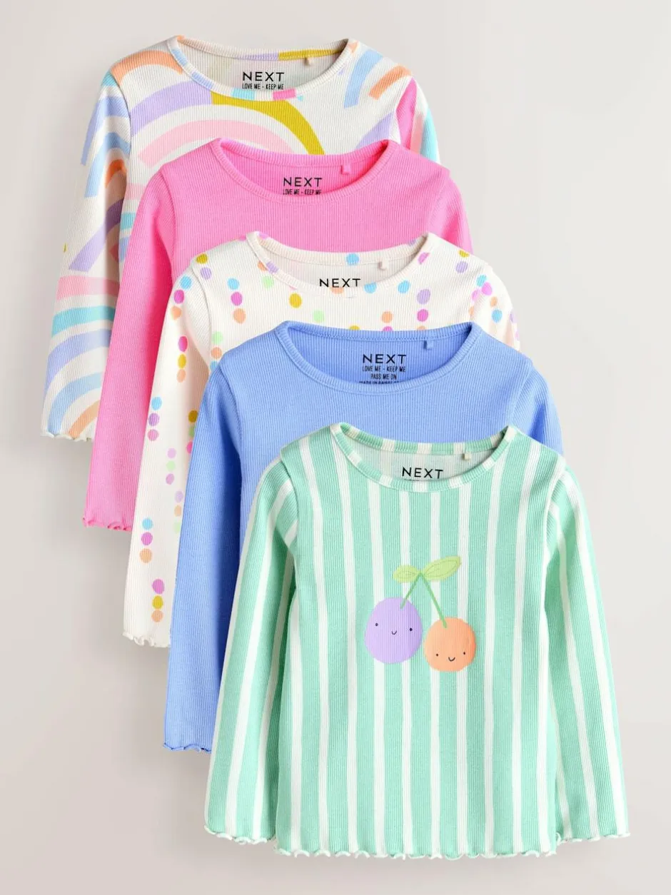 Next Pastel Rainbow Long Sleeve Rib Tops 5 Pack (3mths-7yrs) Outlet