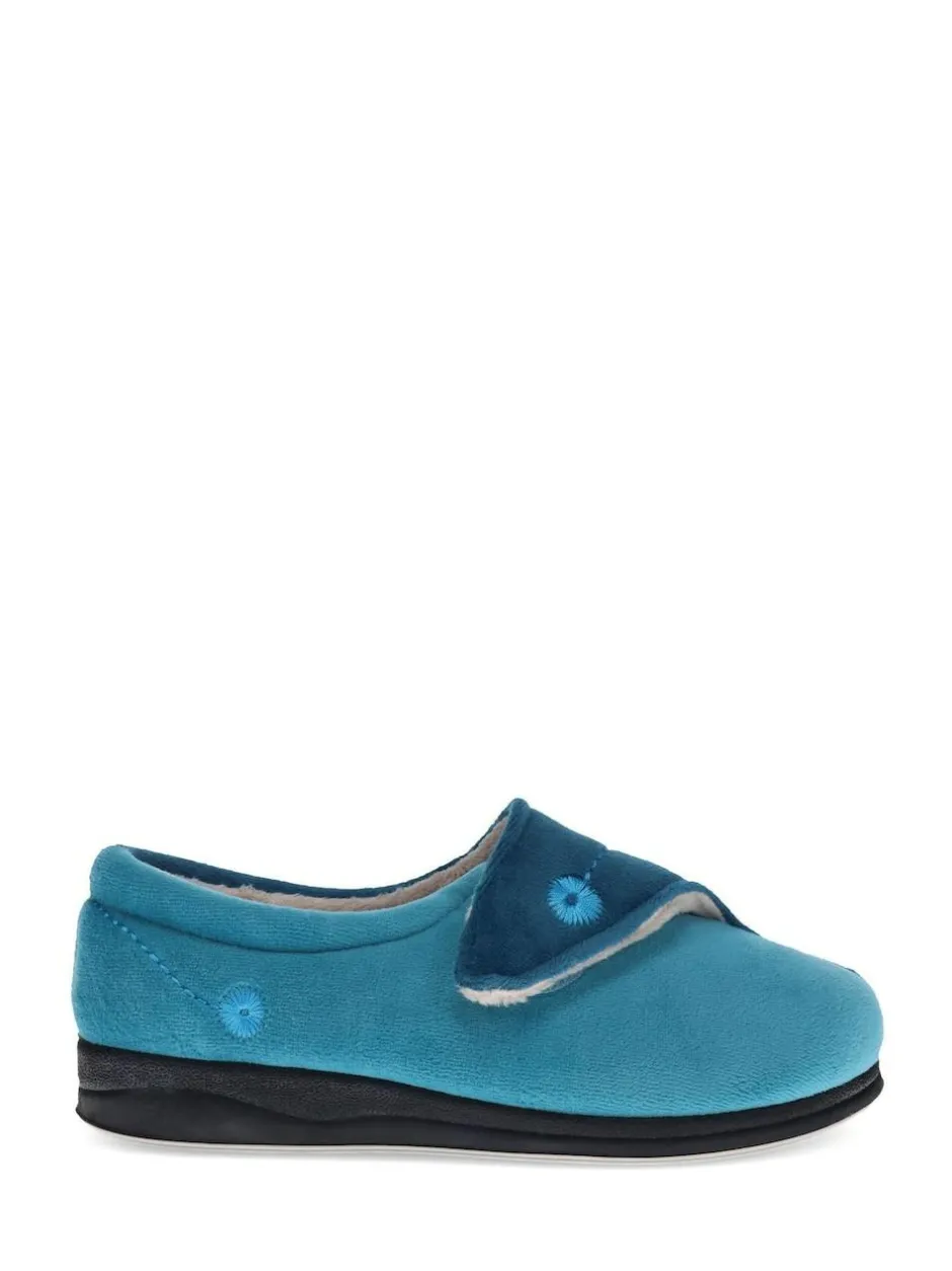 Pavers Wide Fit Ladies Touch Fasten Full Slippers With Permalose Sole Blue Teal Outlet