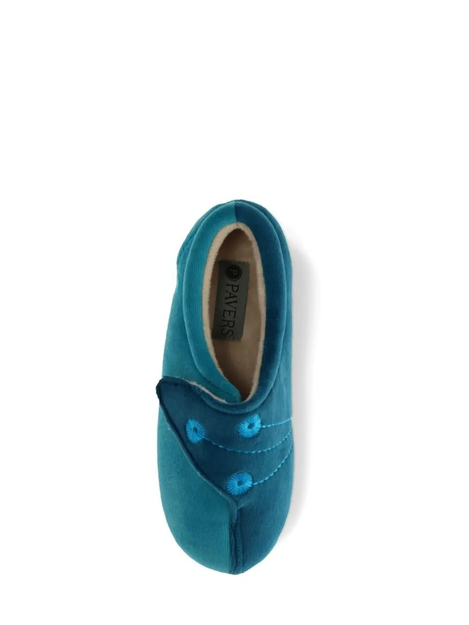 Pavers Wide Fit Ladies Touch Fasten Full Slippers With Permalose Sole Blue Teal Outlet
