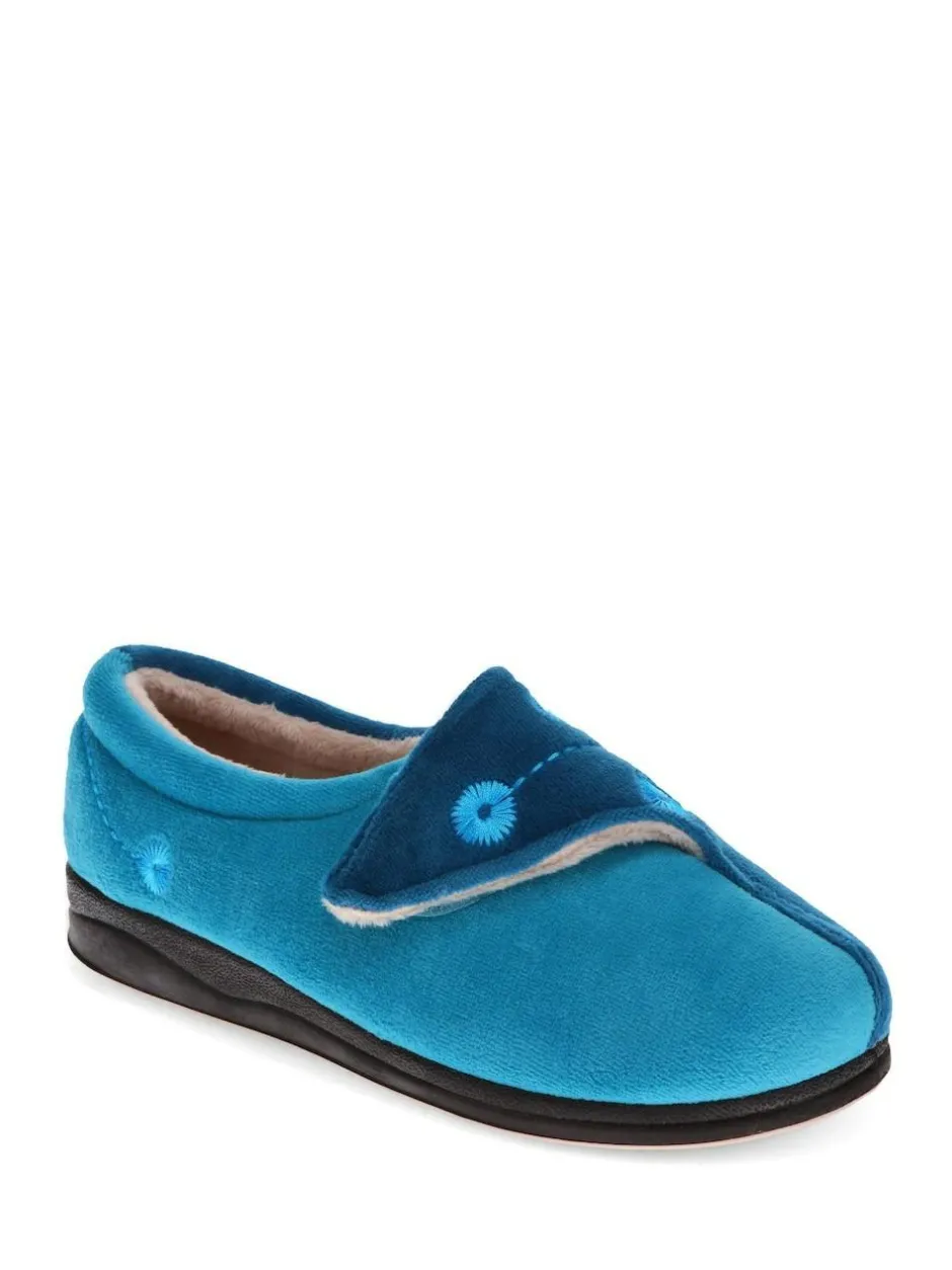 Pavers Wide Fit Ladies Touch Fasten Full Slippers With Permalose Sole Blue Teal Outlet