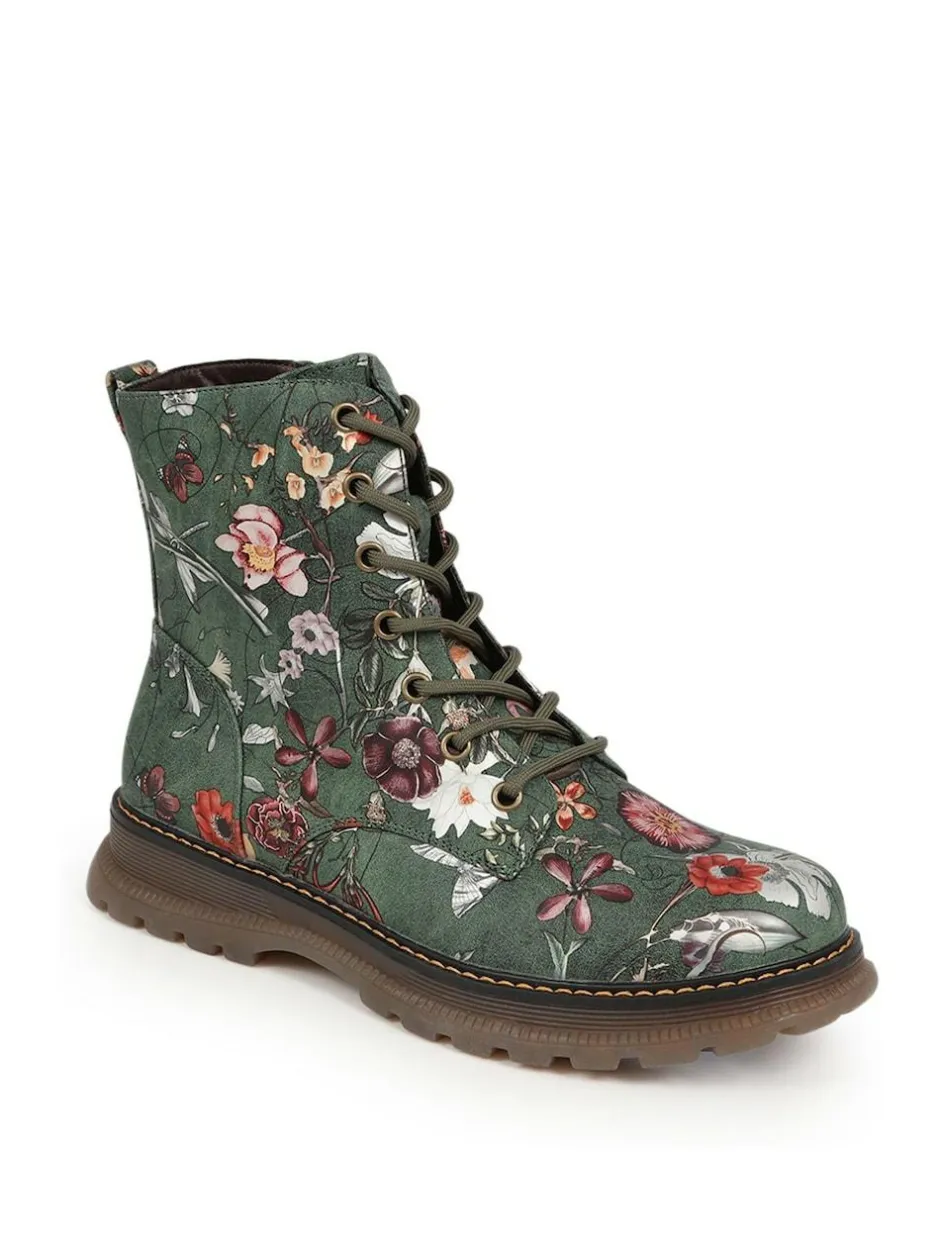 Pavers Lace Up Floral Boots Green Outlet
