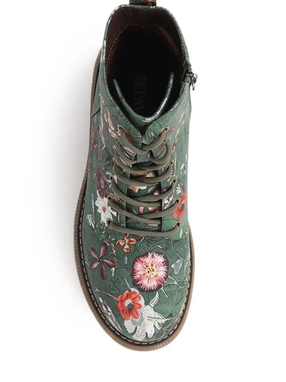 Pavers Lace Up Floral Boots Green Outlet