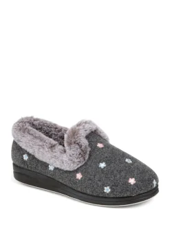 Pavers Grey Floral Faux Fur Slippers Online