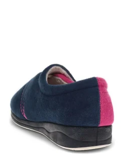 Pavers Wide Fit Ladies Touch Fasten Full Slippers With Permalose Sole Navy Raspberry New