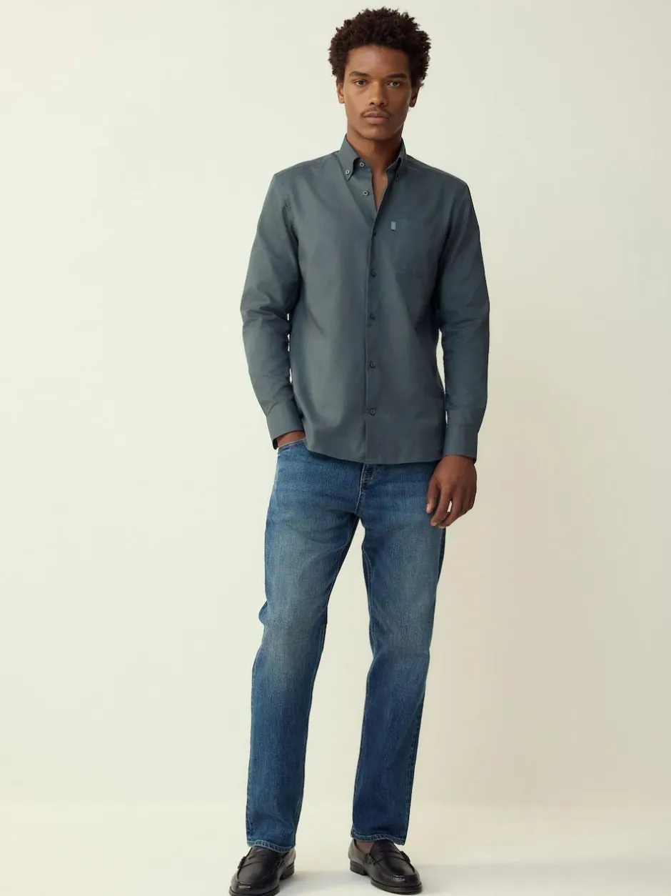 Next Petrol Blue Regular Fit Button Down Easy Iron Oxford Shirt Hot