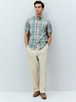 Next Regular Fit Short Sleeve Easy Iron Button Down Oxford Shirt Petrol Blue/Neutral Madras Check Outlet