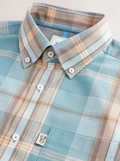 Next Regular Fit Short Sleeve Easy Iron Button Down Oxford Shirt Petrol Blue/Neutral Madras Check Outlet