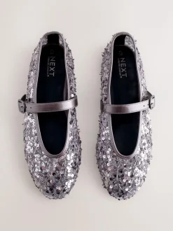 Next Pewter Sequin Forever Comfort® Embellished Sequin Mary Jane Shoes New