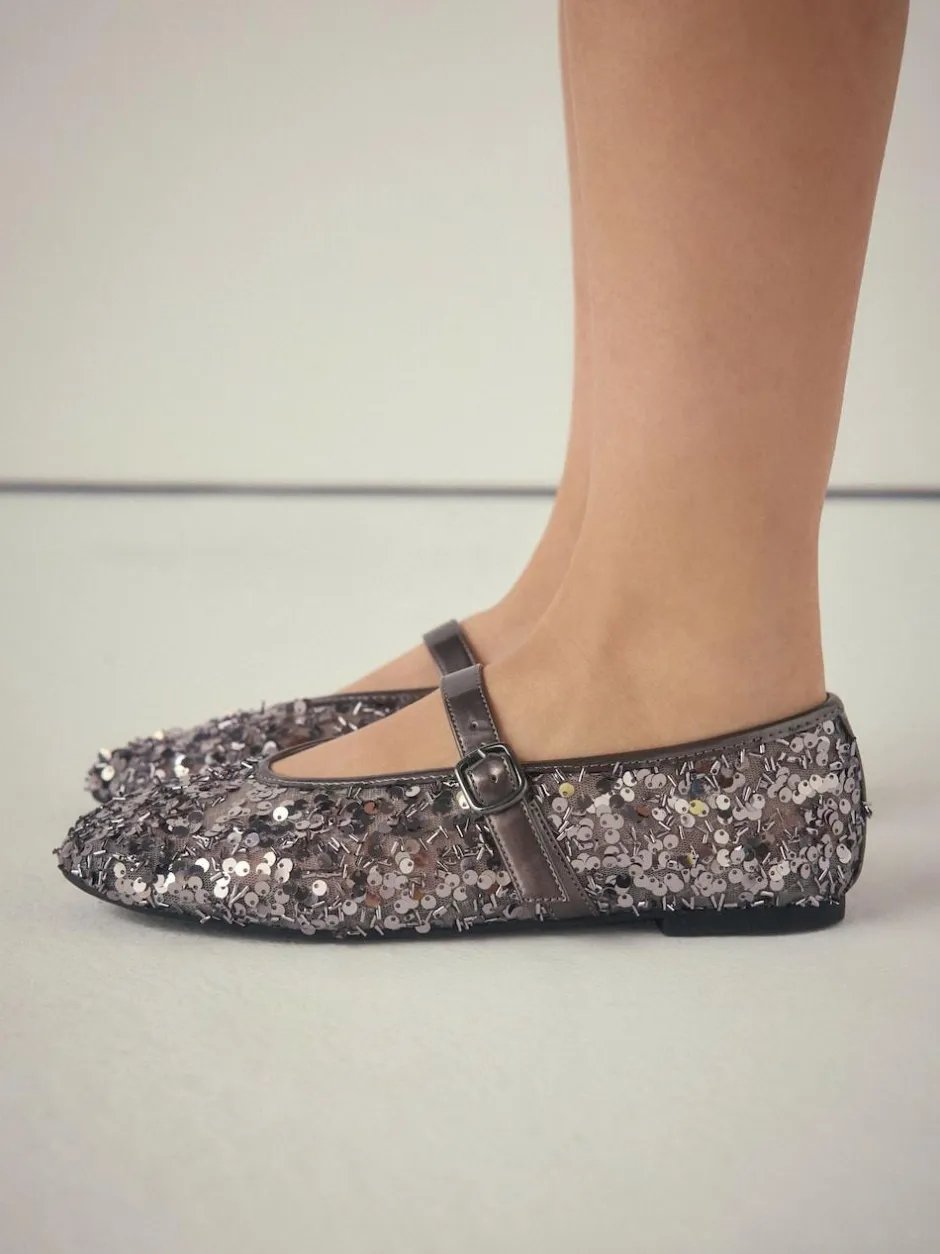 Next Pewter Sequin Forever Comfort® Embellished Sequin Mary Jane Shoes New
