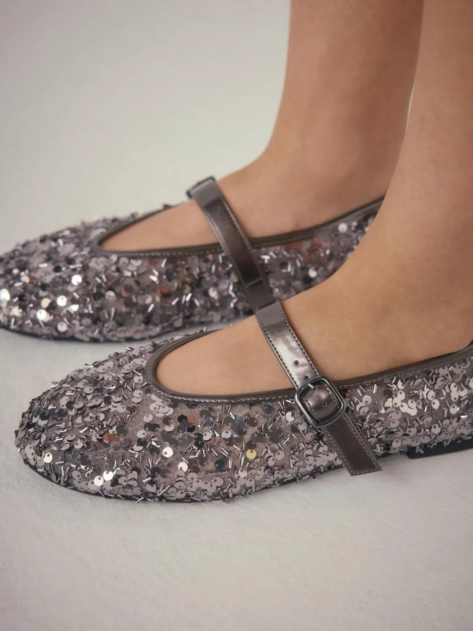 Next Pewter Sequin Forever Comfort® Embellished Sequin Mary Jane Shoes New