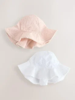 Next Pink and White Broderie 2pk Baby Bucket Hat (0mths-2yrs) Clearance