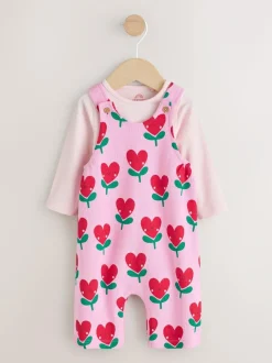 Next Pink Baby Dungarees and Long Sleeve Bodysuits Set 2 Piece (0mths-3yrs) Clearance