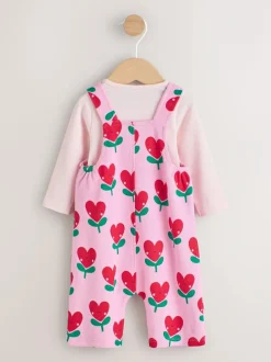 Next Pink Baby Dungarees and Long Sleeve Bodysuits Set 2 Piece (0mths-3yrs) Clearance