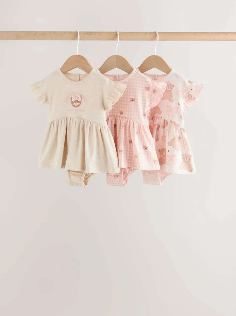 Next Pink Bear Embroidered Jersey Baby Rompers 3 Pack New