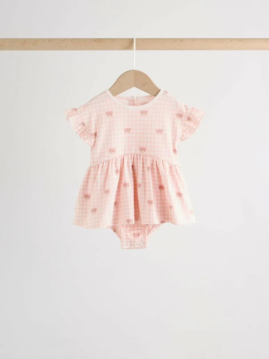Next Pink Bear Embroidered Jersey Baby Rompers 3 Pack New