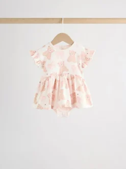 Next Pink Bear Embroidered Jersey Baby Rompers 3 Pack New