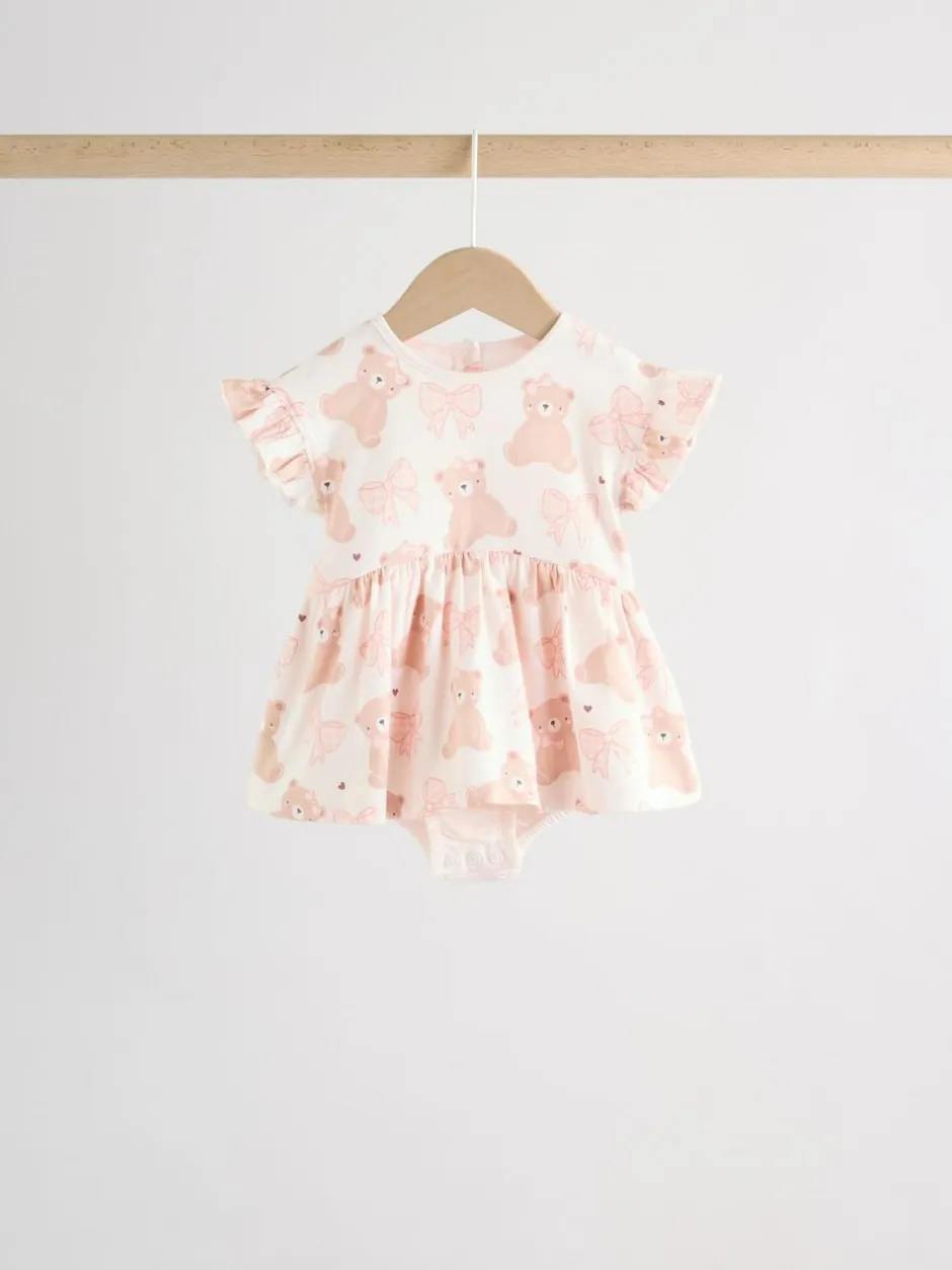 Next Pink Bear Embroidered Jersey Baby Rompers 3 Pack New