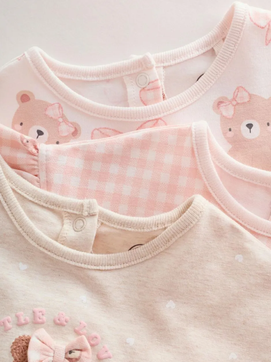 Next Pink Bear Embroidered Jersey Baby Rompers 3 Pack New