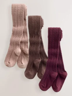 Next Regular Length Cotton Rich Cable Tights 3 Pack Pink Berry Red and Chocolate Brown Best