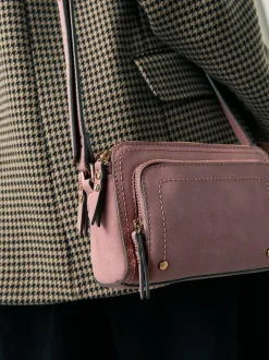 Next Double Zip Cross-Body Faux Suede Bag Pink New
