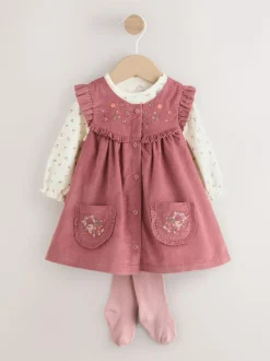Next Pink Embroidered Baby Cord Pinafore Long Sleeve Bodysuit & Tights Set (0mths-2yrs) Outlet