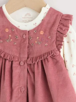 Next Pink Embroidered Baby Cord Pinafore Long Sleeve Bodysuit & Tights Set (0mths-2yrs) Outlet