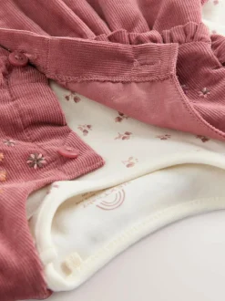 Next Pink Embroidered Baby Cord Pinafore Long Sleeve Bodysuit & Tights Set (0mths-2yrs) Outlet