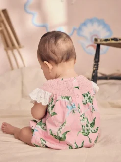 Next 100% Cotton Printed Baby Broderie Romper Pink Floral Outlet