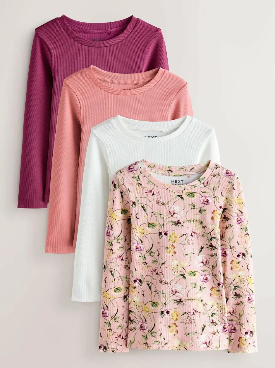 Next Pink Floral Print Long Sleeve Ribbed T-Shirts 4 Pack (3-16yrs) Outlet