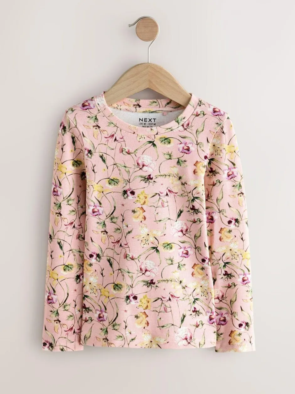 Next Pink Floral Print Long Sleeve Ribbed T-Shirts 4 Pack (3-16yrs) Outlet