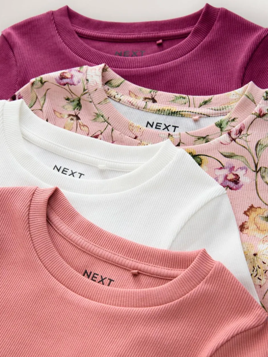 Next Pink Floral Print Long Sleeve Ribbed T-Shirts 4 Pack (3-16yrs) Outlet