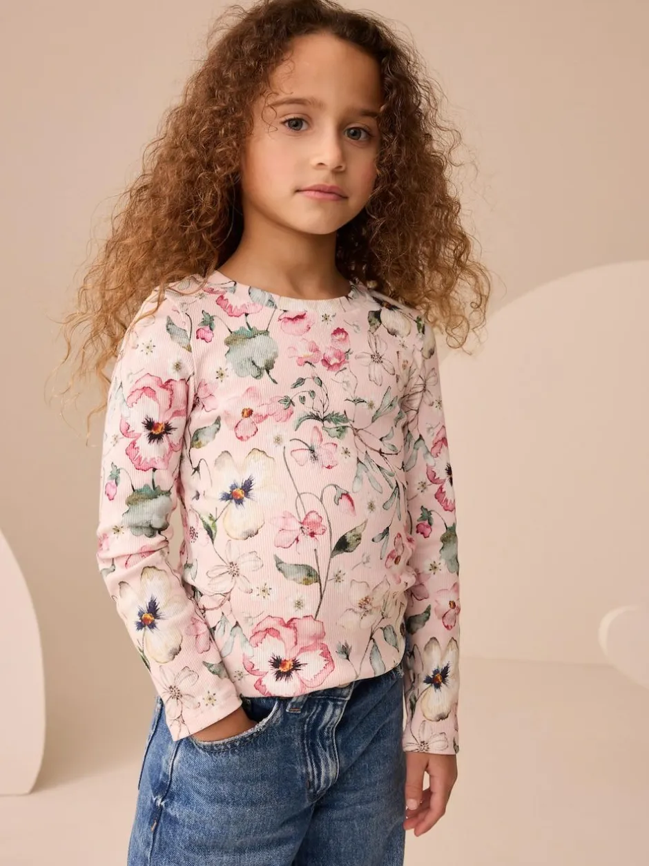 Next Pink Floral Print Long Sleeve Ribbed T-Shirts 4 Pack (3-16yrs) Outlet