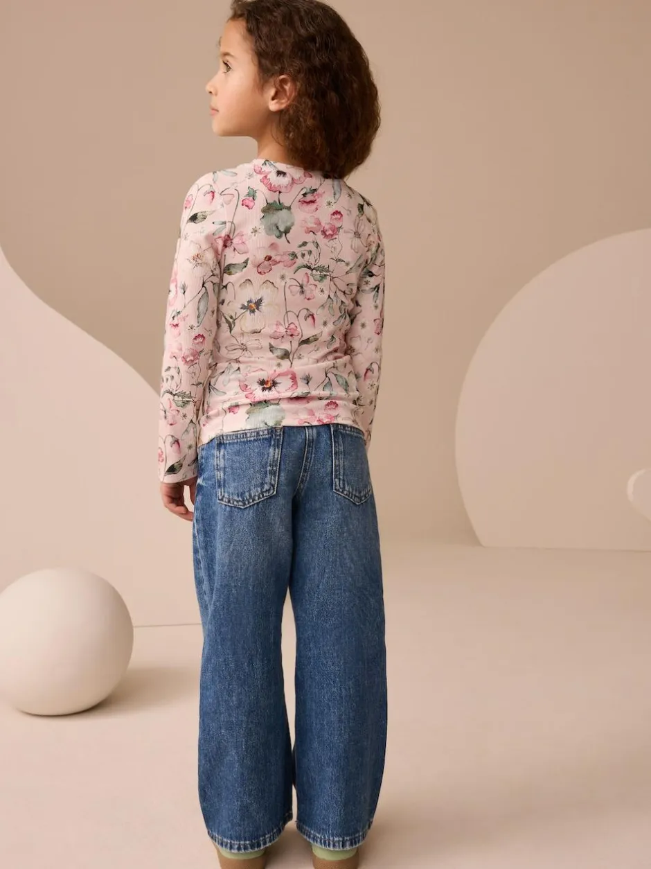 Next Pink Floral Print Long Sleeve Ribbed T-Shirts 4 Pack (3-16yrs) Outlet