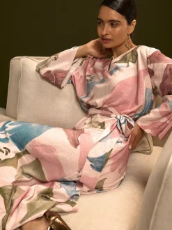 Next V-Neck 3/4 Length Sleeve Maxi Kaftan Dress Pink Floral Print Online
