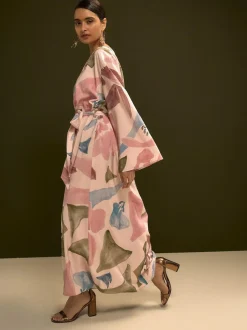 Next V-Neck 3/4 Length Sleeve Maxi Kaftan Dress Pink Floral Print Online