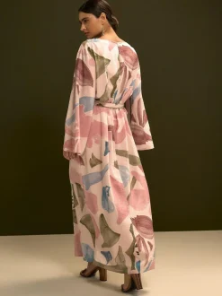 Next V-Neck 3/4 Length Sleeve Maxi Kaftan Dress Pink Floral Print Online