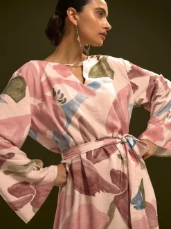 Next V-Neck 3/4 Length Sleeve Maxi Kaftan Dress Pink Floral Print Online
