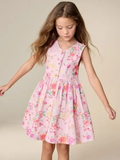 Next Stripe Short Sleeve Button Through Dress (3-16yrs) Pink Floral Sale