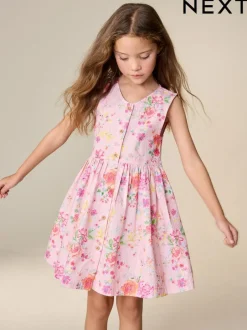 Next Stripe Short Sleeve Button Through Dress (3-16yrs) Pink Floral Sale