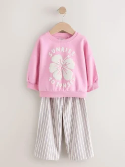 Next Pink Flower Sweatshirt & Wide Leg Trousers Set (3mths-7yrs) Discount