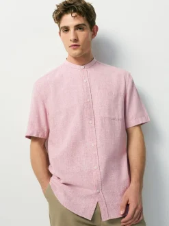 Next Grandad Collar Cotton Linen Blend Short Sleeve Shirt Pink New