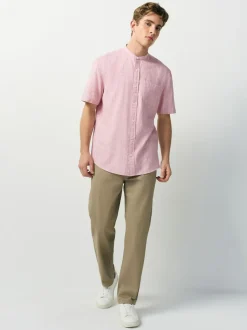 Next Grandad Collar Cotton Linen Blend Short Sleeve Shirt Pink New