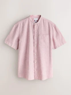 Next Grandad Collar Cotton Linen Blend Short Sleeve Shirt Pink New