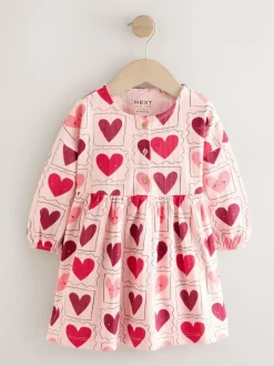 Next Long Sleeve Jersey Dress (3mths-7yrs) Pink Hearts New
