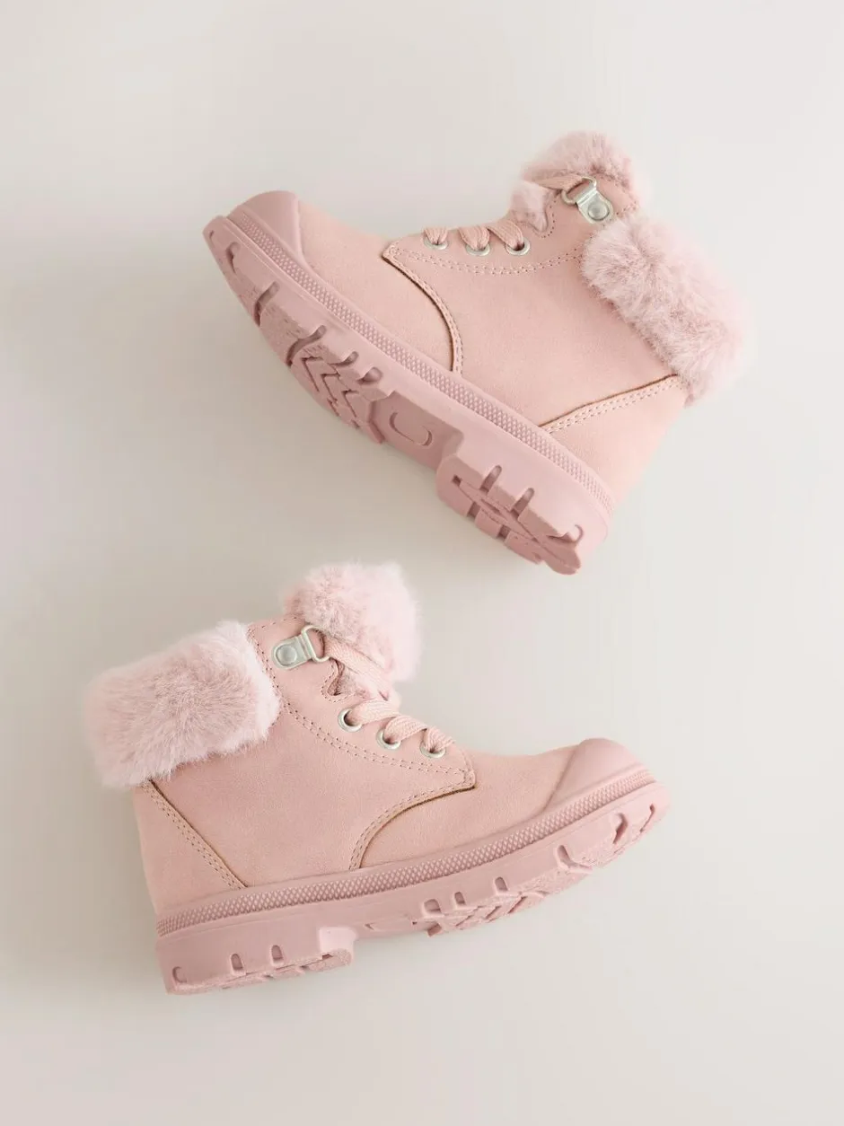 Next Lace Up Faux Fur Lined Boots Pink Clearance